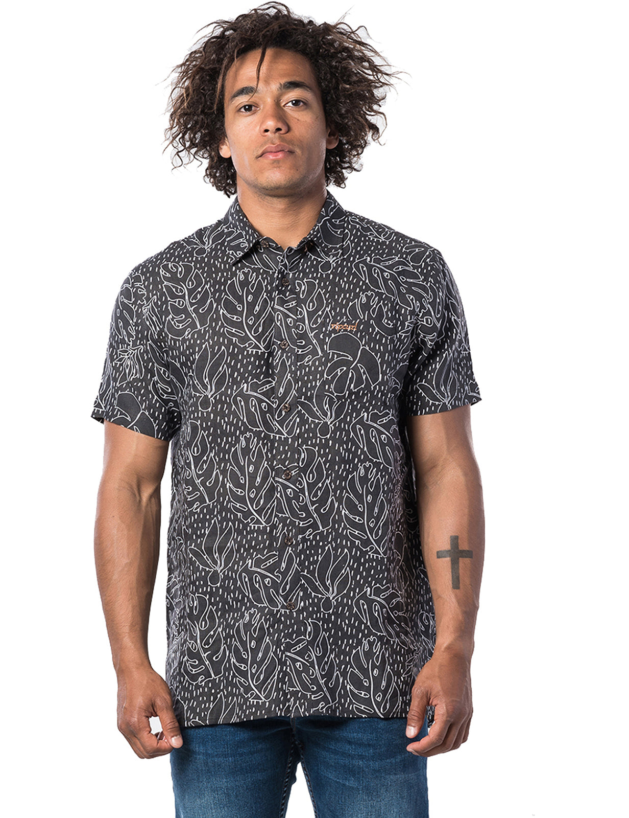 Rip Curl SWC Motif Linen Short Sleeve Shirt in Black