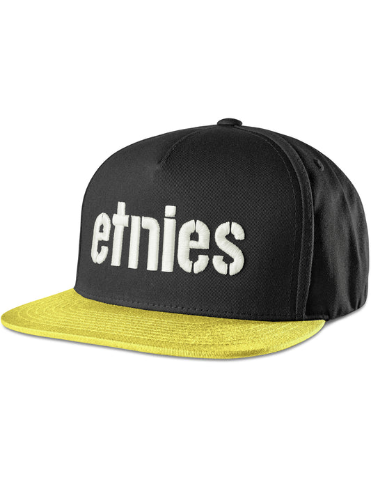 Etnies Corp Snapback Flat Peak Cap in Black/White/Yellow