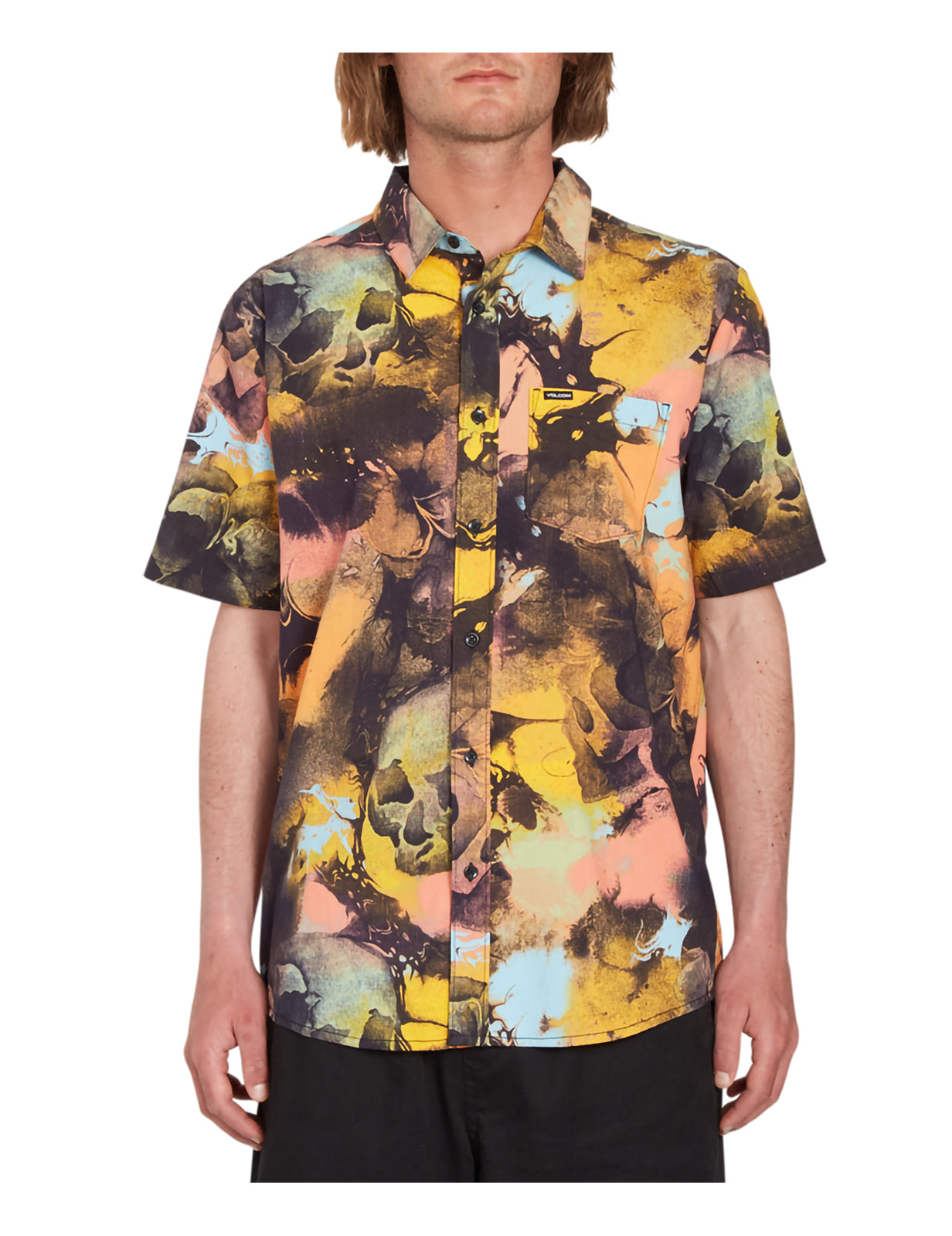 Volcom Skulli Print Short Sleeve Shirt in Dawn Yellow